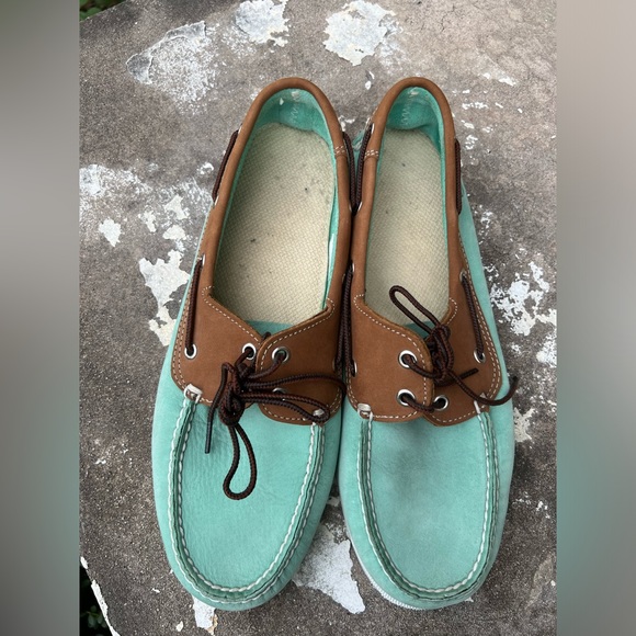 Timberland Mens Leather Loafer Slip On Boat Shoes Size 10.5M Aqua and Brown